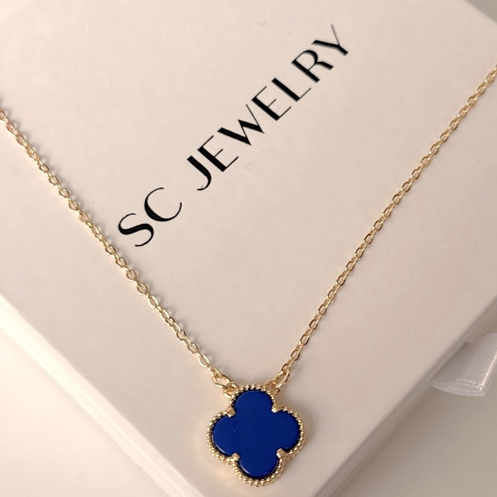 Last 1 🔥 Royal Blue Clover Necklace 14k Gold Tone Double Sided - Picture 3 of 13